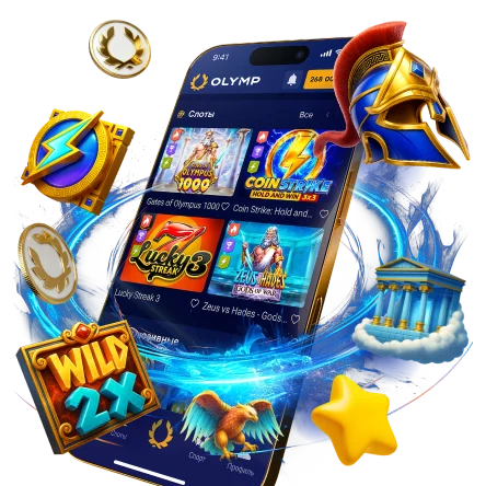 Смартфон с игровыми символами и золотыми монетами